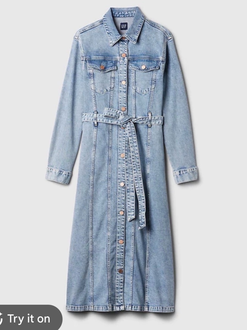GAP Light Wash Blue Belted Denim Midi Dress